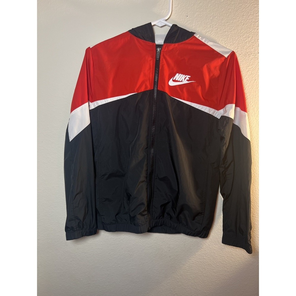 Nike Windbreaker Windrunner Boys L Red Black White Colorblock Hooded Full Zip